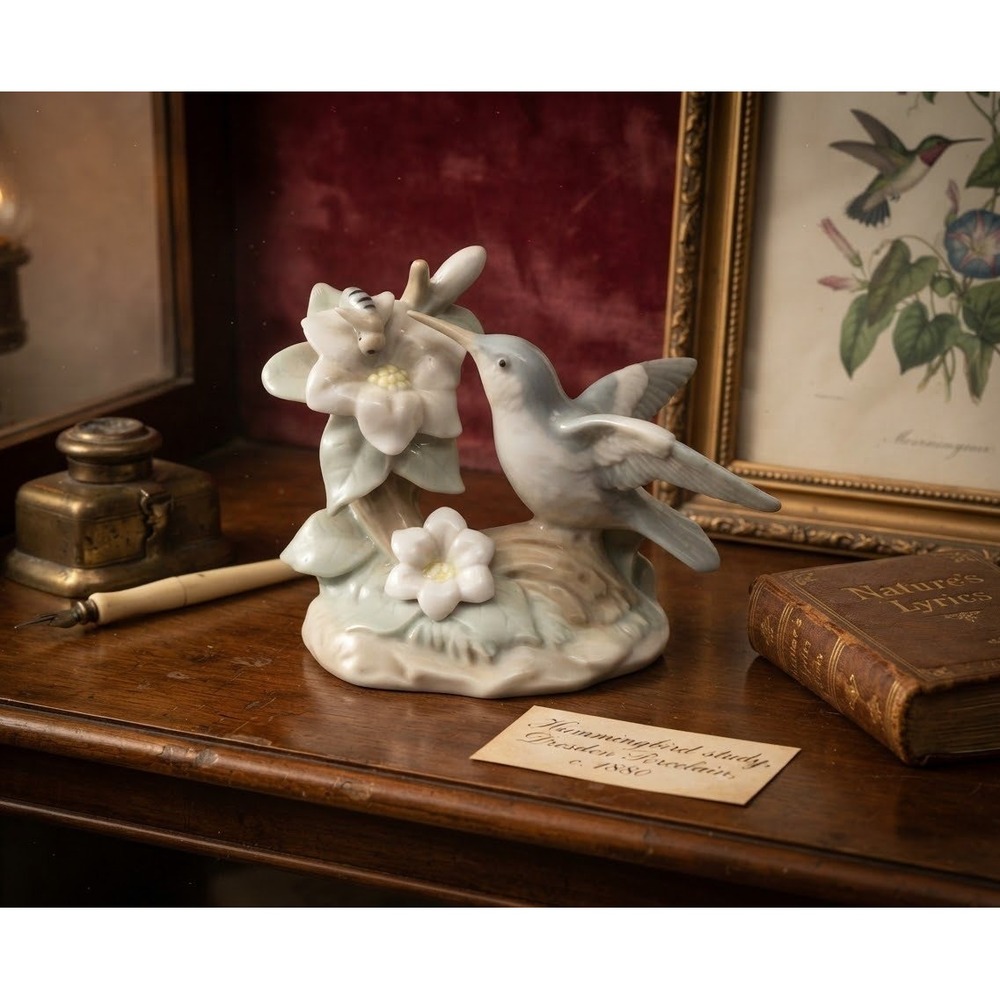 George Good Hummingbird Porcelain Figurine Blue White Flowers Bee Vintage Decor